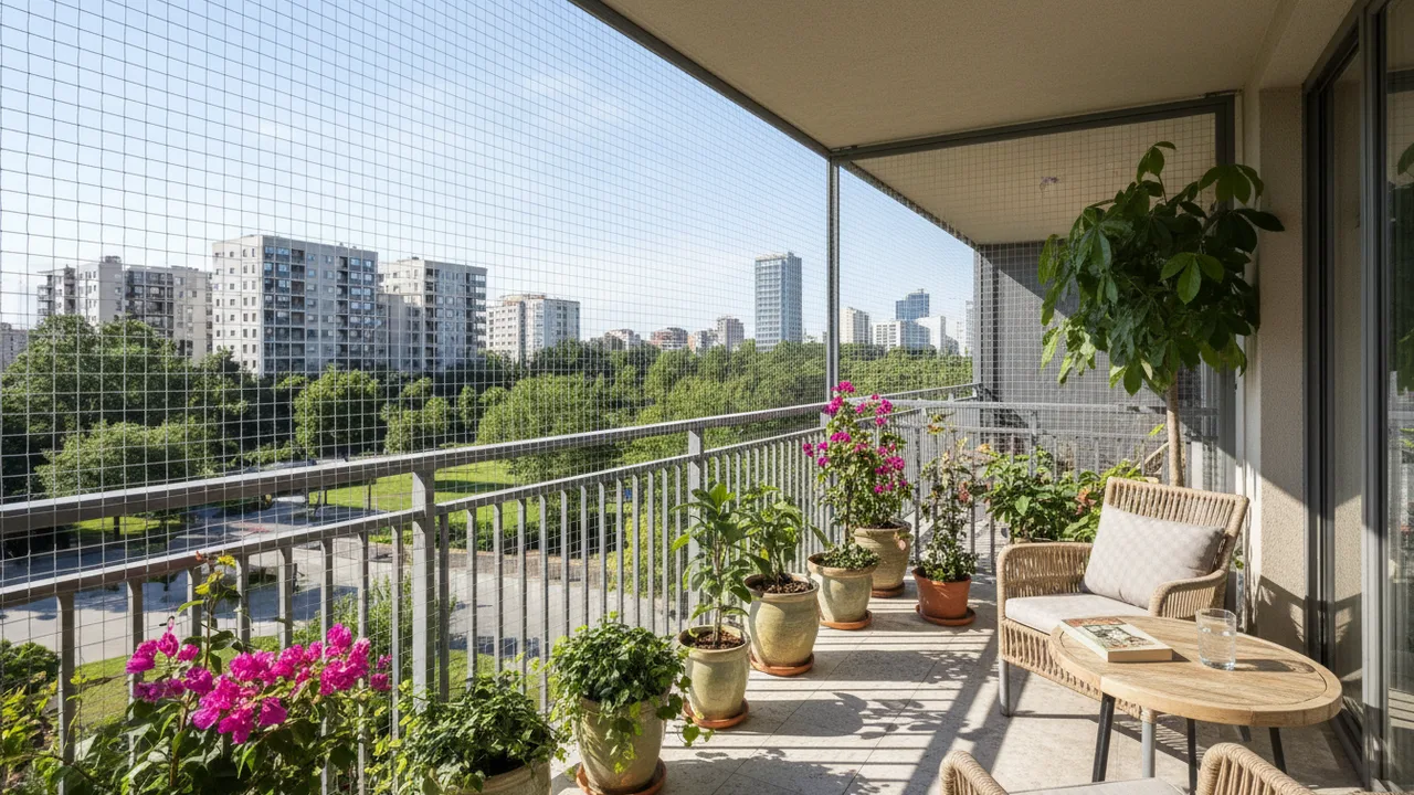 Mit transparentem Katzennetz und Pflanzen katzensicher gestalteter Balkon