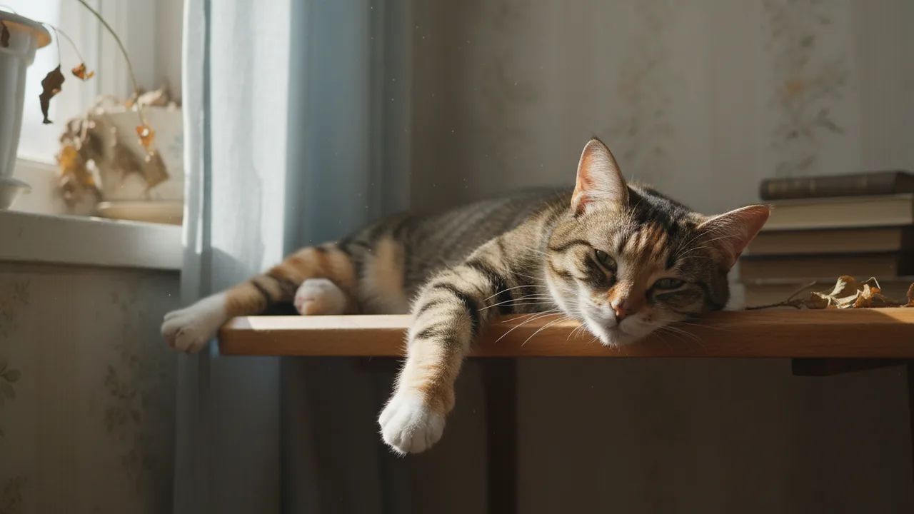 Gelangweilte Katze liegt lustlos auf der Fensterbank