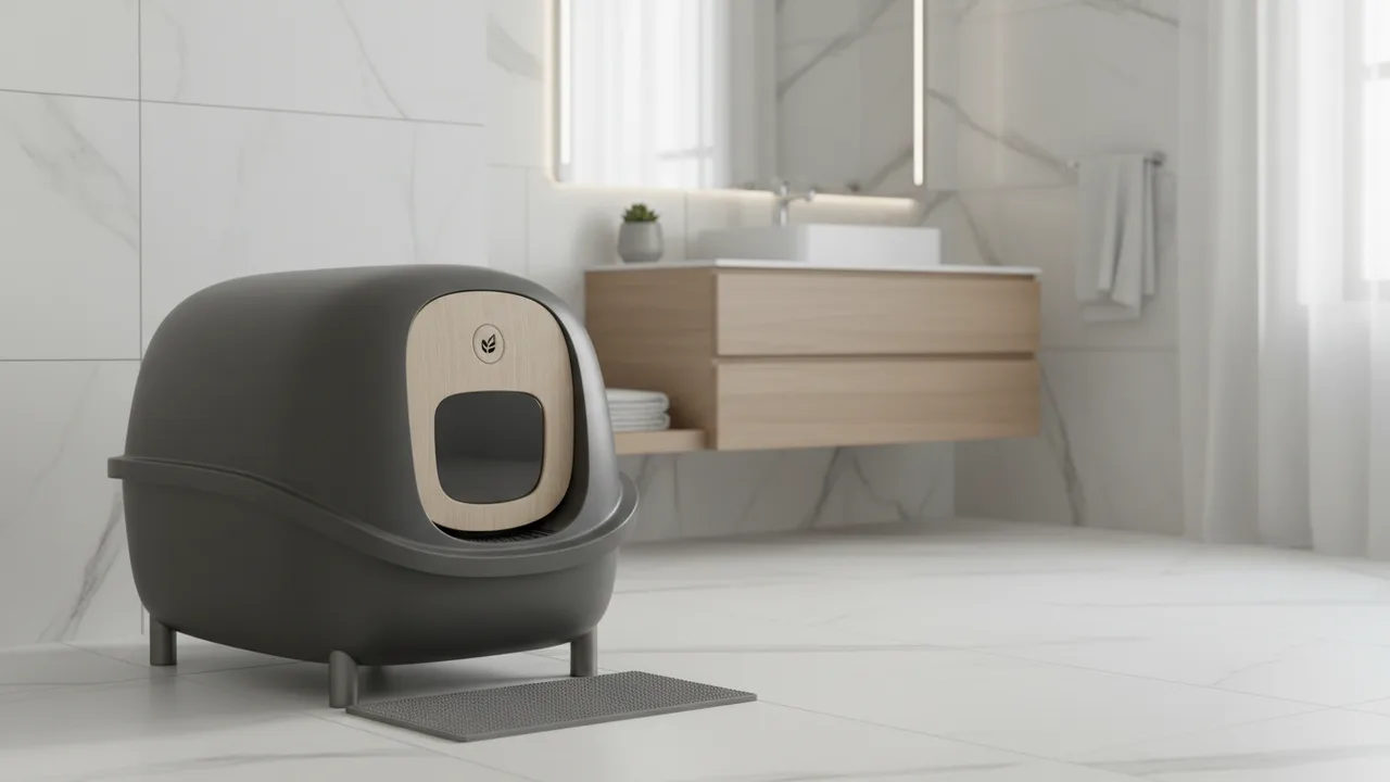 Moderne geschlossene Katzentoilette mit Haube und Geruchsfilter