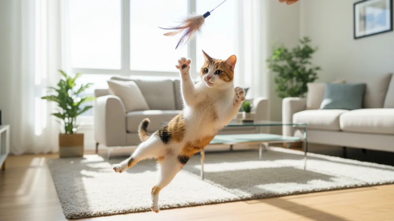 Katze spielt aktiv und springt nach einem Spielzeug zum Abnehmen