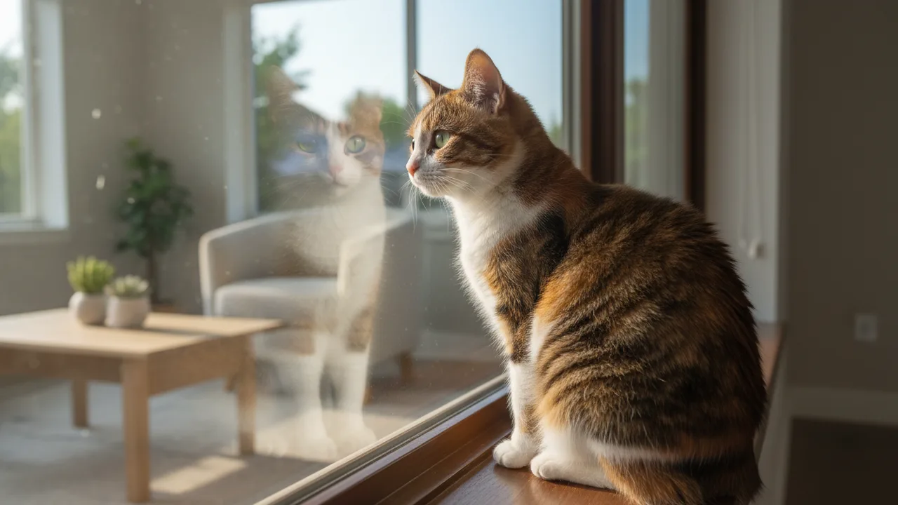 Katze ist allein zu Hause und schaut aus dem Fenster
