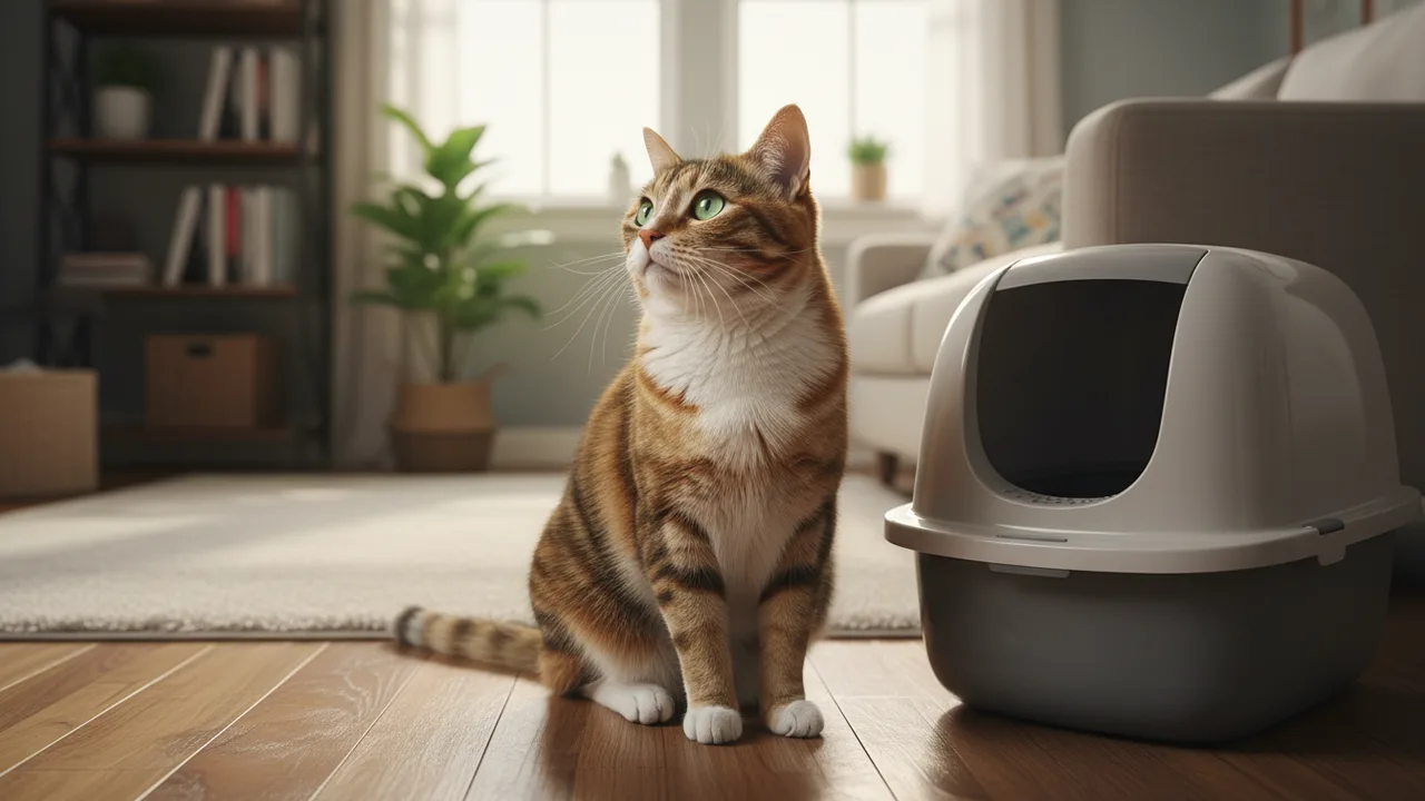 Katze sitzt neben ihrer Katzentoilette im Wohnraum