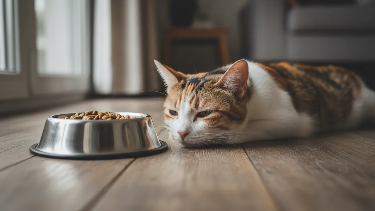 Appetitlose Katze liegt neben einem unberührten Futternapf