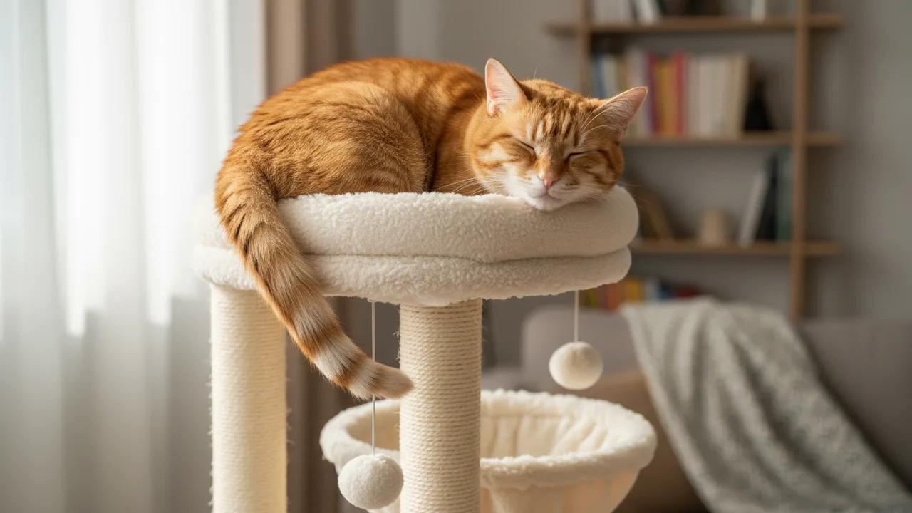 Zufriedene Katze liegt auf der oberen Plattform eines hohen Kratzbaums