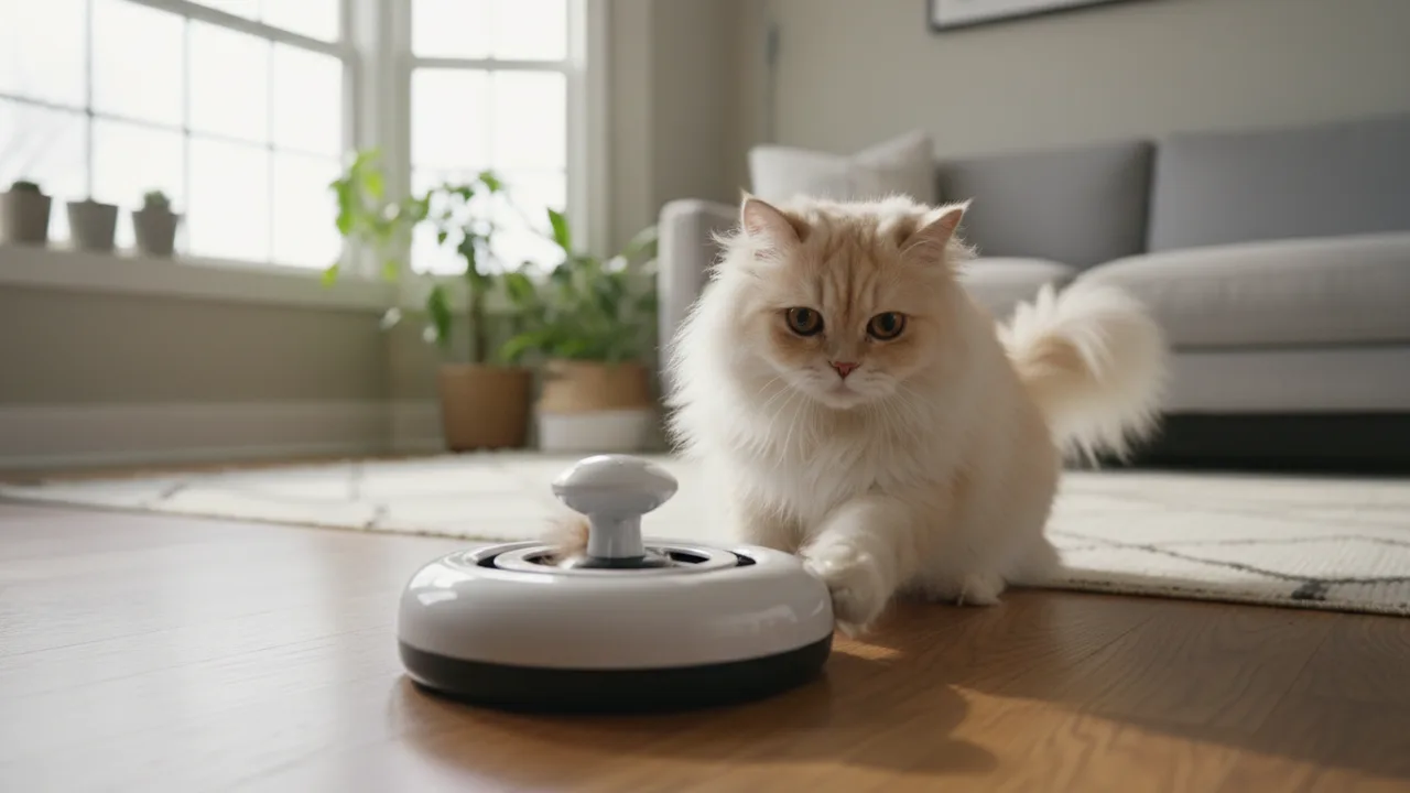 Katze spielt mit einem elektronischen automatischen Katzenspielzeug