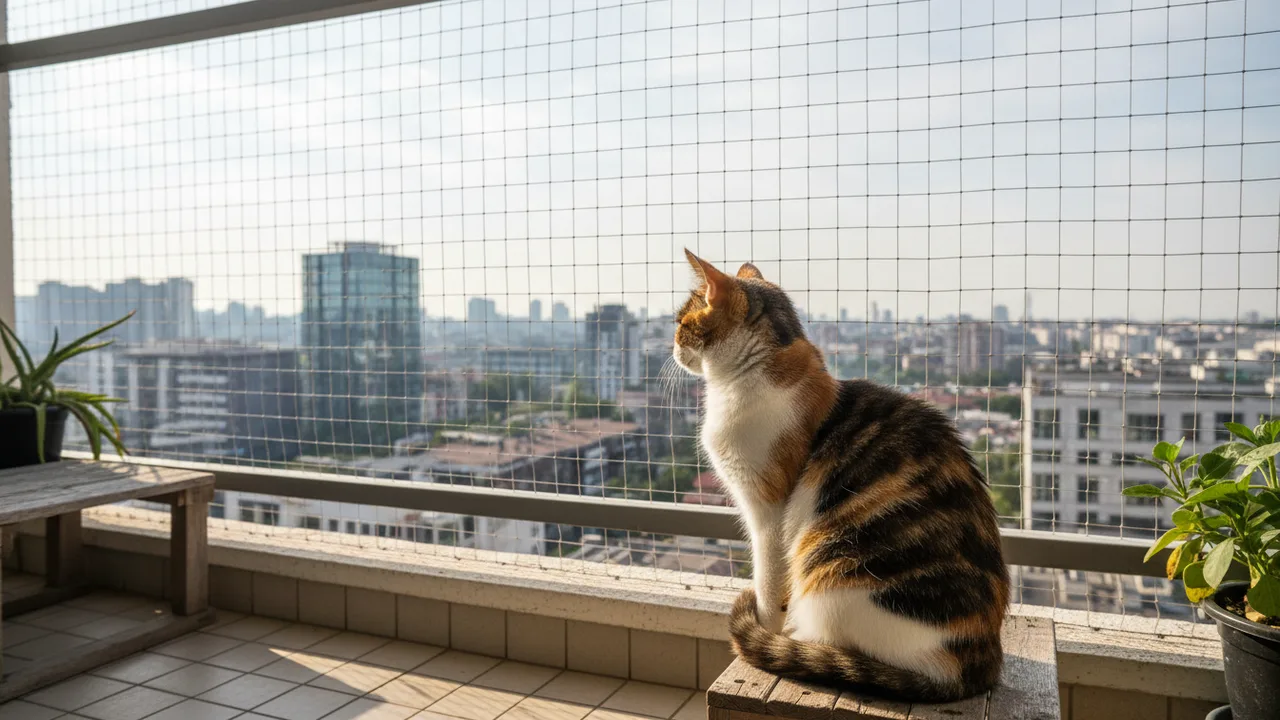 Katze sitzt sicher auf einem mit Schutznetz gesicherten Balkon
