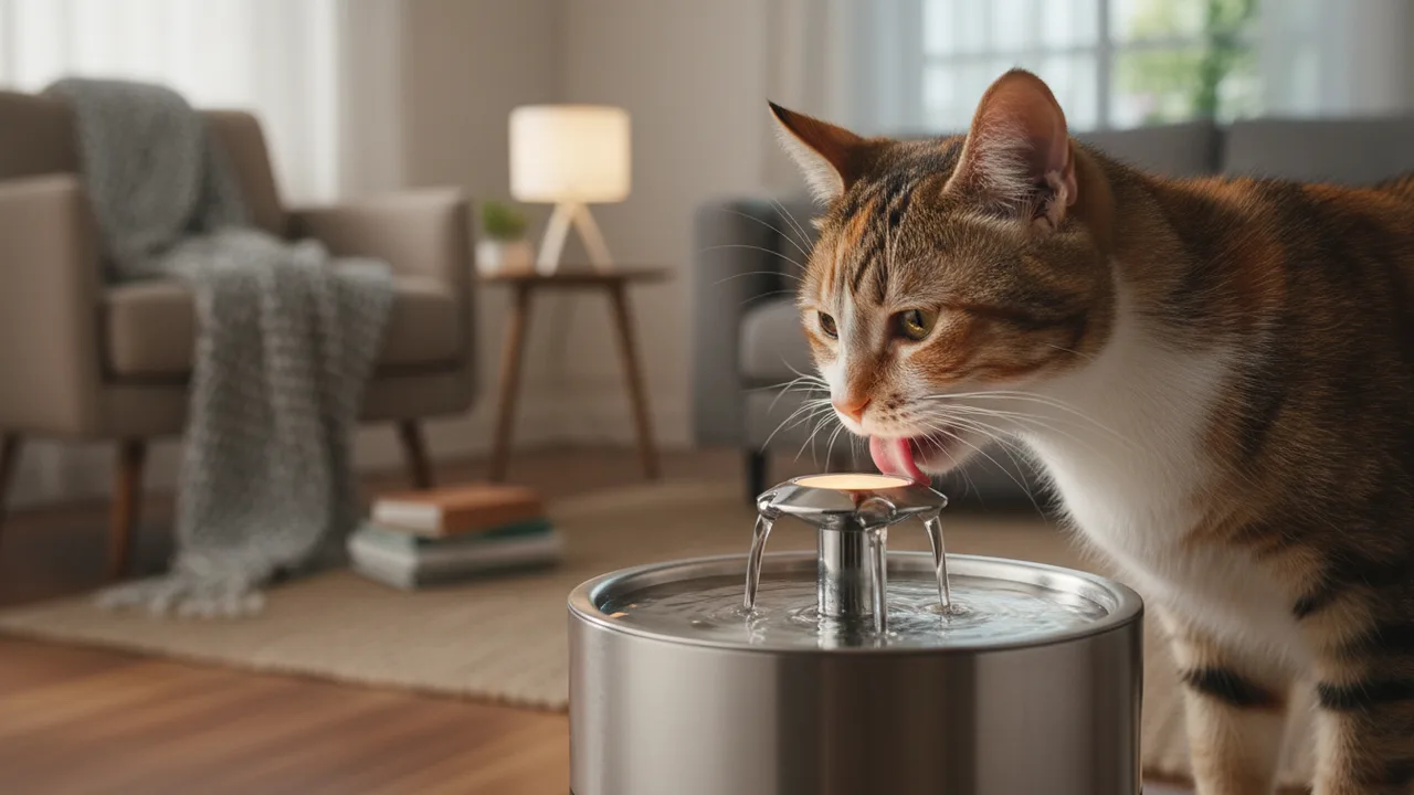 Katze trinkt aus einem modernen Trinkbrunnen mit fließendem Wasser