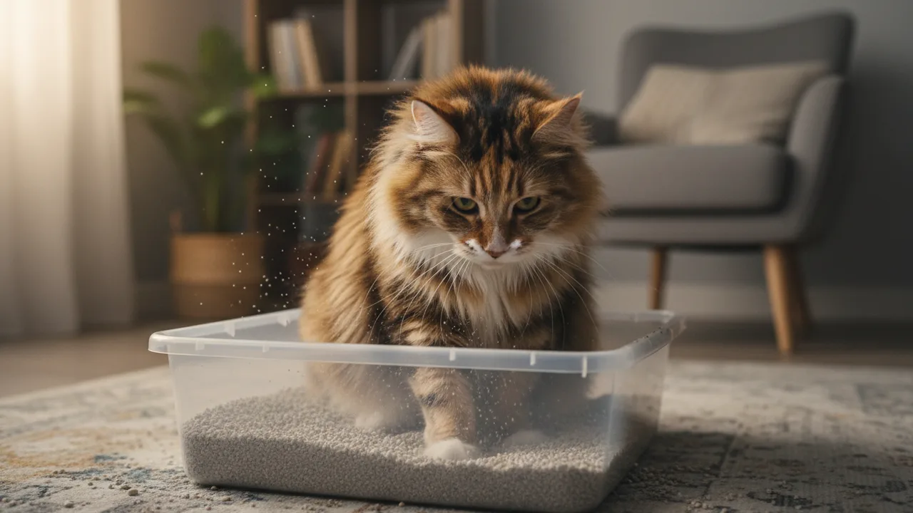 Katze buddelt in der Streu ihrer offenen Katzentoilette