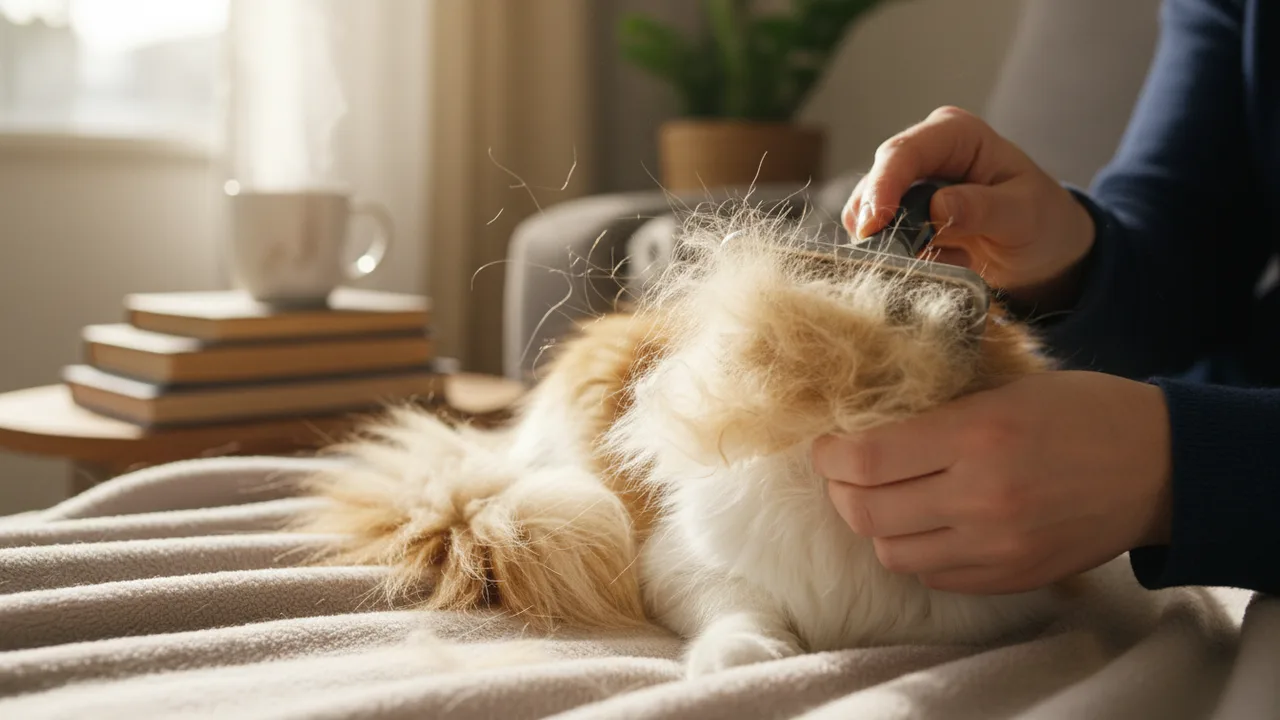 Katze wird mit einer Fellbürste gebürstet, lose Haare an der Bürste