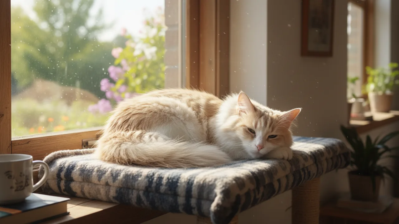 Katze entspannt auf einem Fensterplatz und schaut nach draußen
