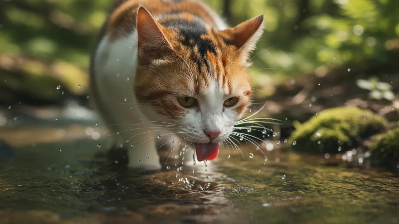 Katze trinkt aus einem Strahl fließenden Wassers