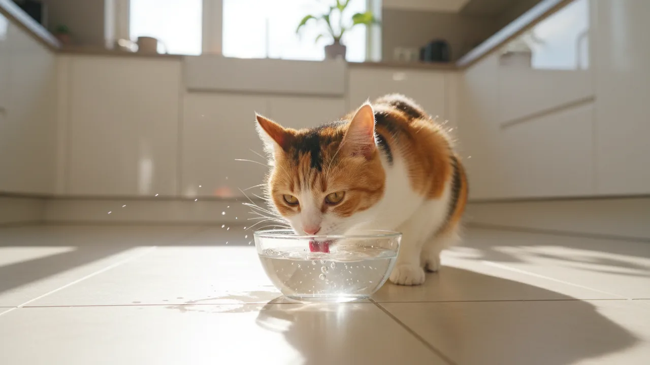 Katze trinkt frisches Wasser aus einem sauberen Napf
