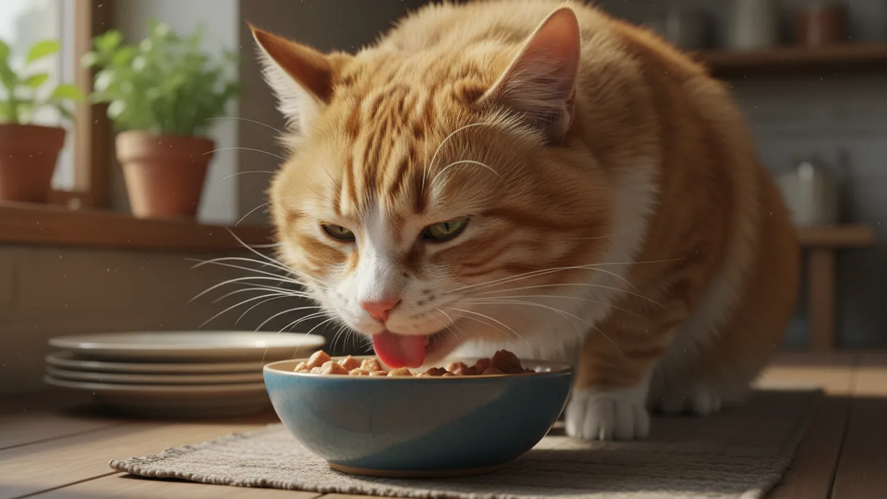 Katze frisst Nassfutter aus einem Keramiknapf