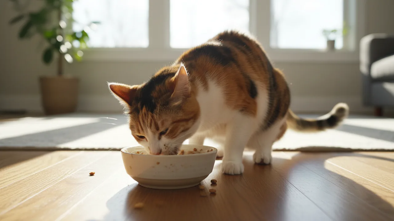 Katze frisst hastig und gierig aus ihrem Napf
