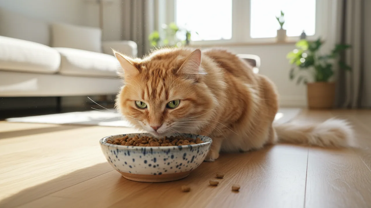 Katze frisst Trockenfutter aus einem Napf auf dem Boden