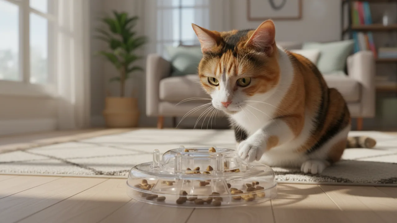 Katze beschäftigt sich mit einem Fummelbrett-Spielzeug