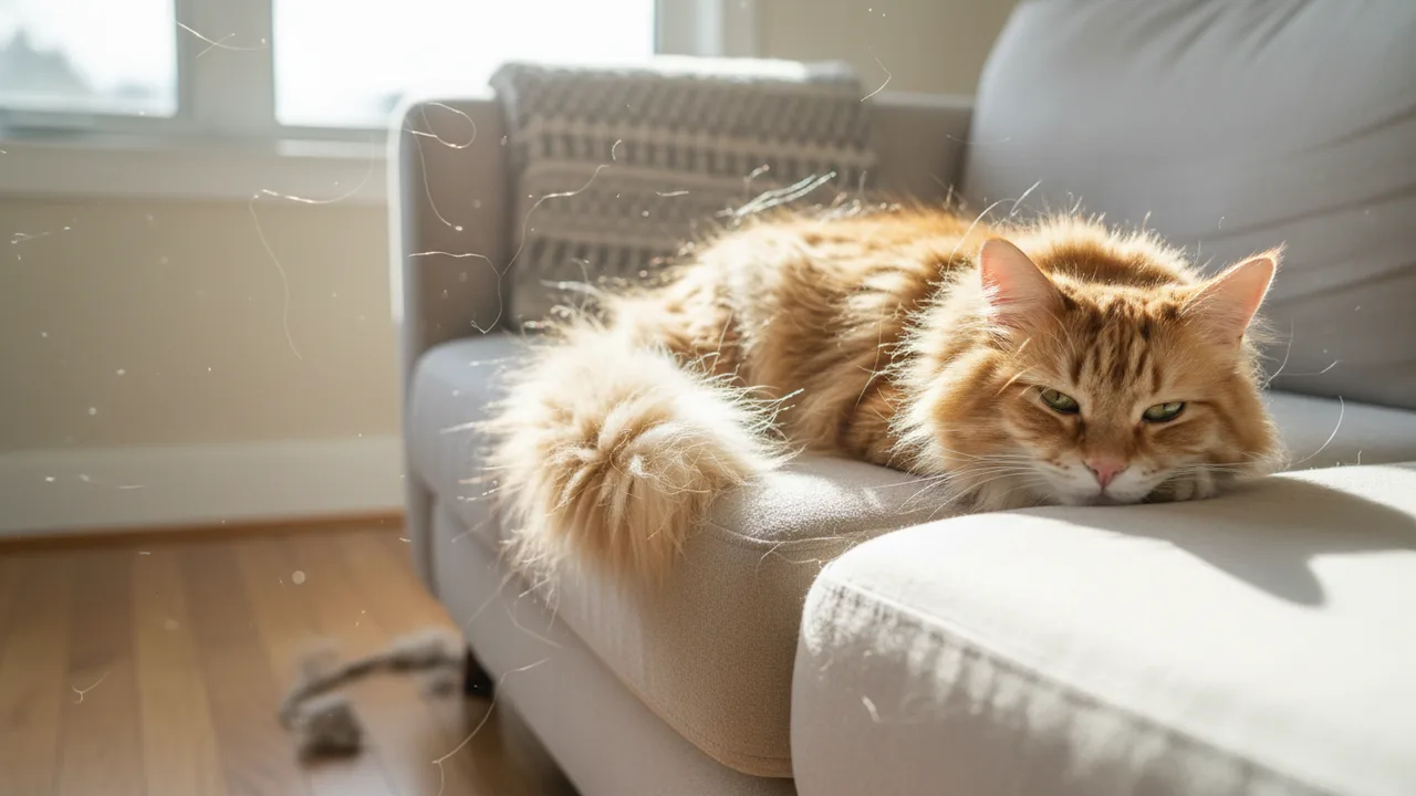 Langhaarkatze im Fellwechsel mit losen Haaren