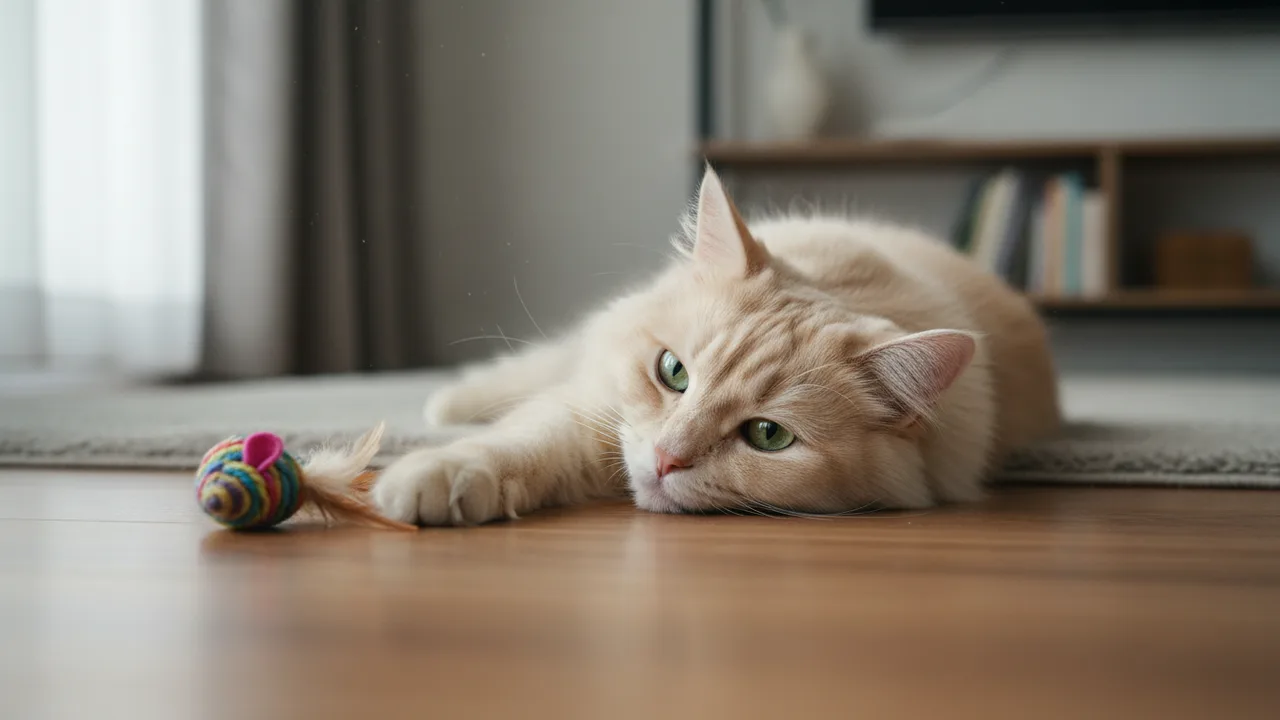 Desinteressierte Katze liegt neben einem unberührten Spielzeug