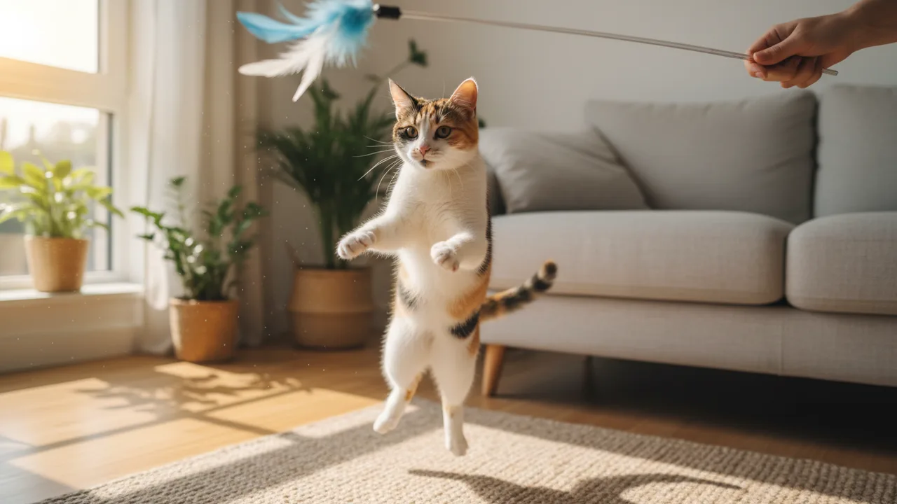 Katze springt in die Luft und fängt eine Federangel