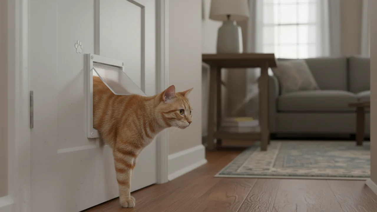 Katze geht durch eine Katzenklappe in einer Innentür