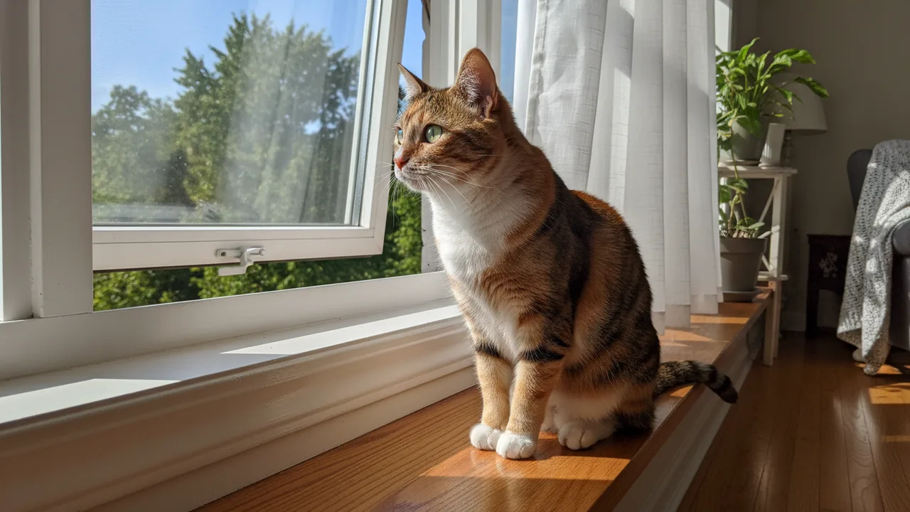 Katze sitzt vor einem gekippten Fenster in einem hellen Raum