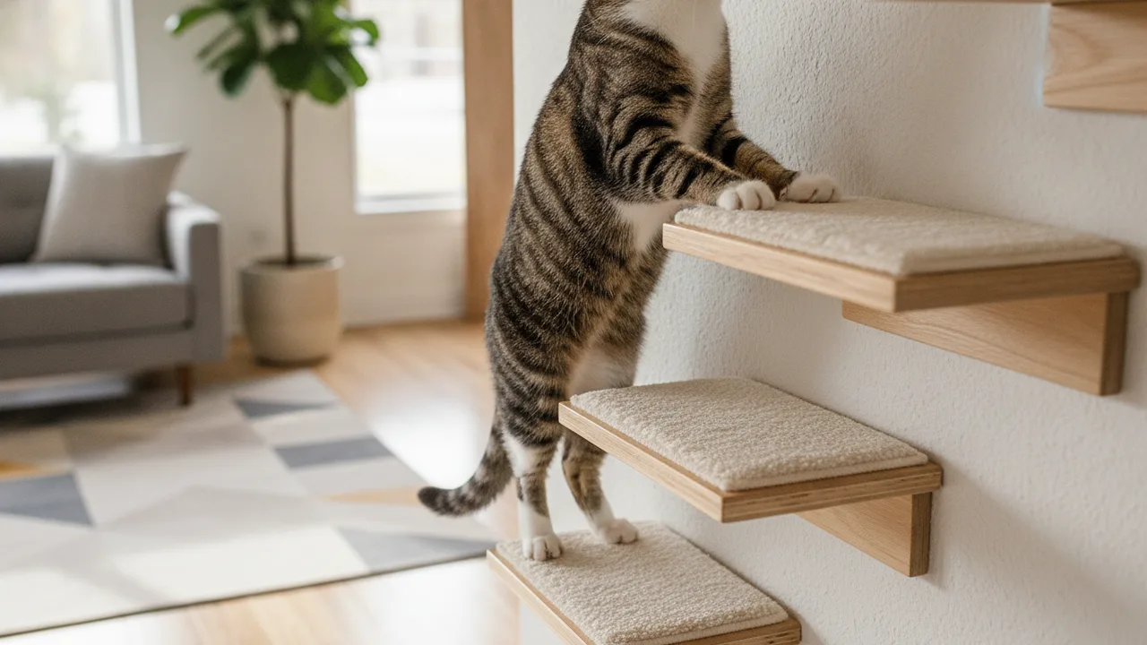 Katze klettert auf wandmontierten Holz-Kletterbrettern