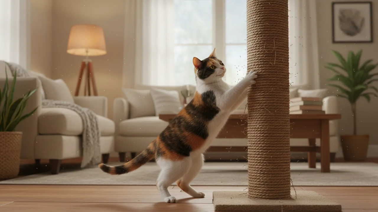 Katze nutzt einen hohen Sisal-Kratzbaum statt der Möbel