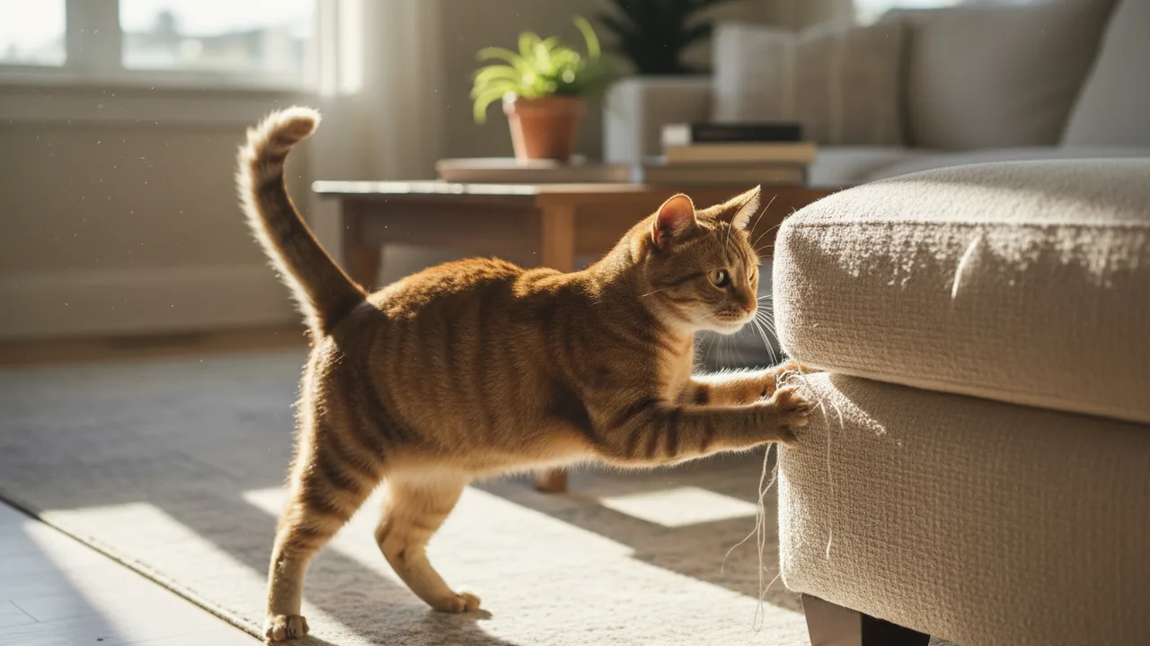 Katze kratzt an der Ecke eines Stoffsofas im Wohnzimmer