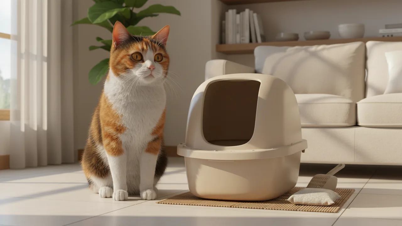 Katze neben einer offenen Katzentoilette in einer aufgeräumten Wohnung