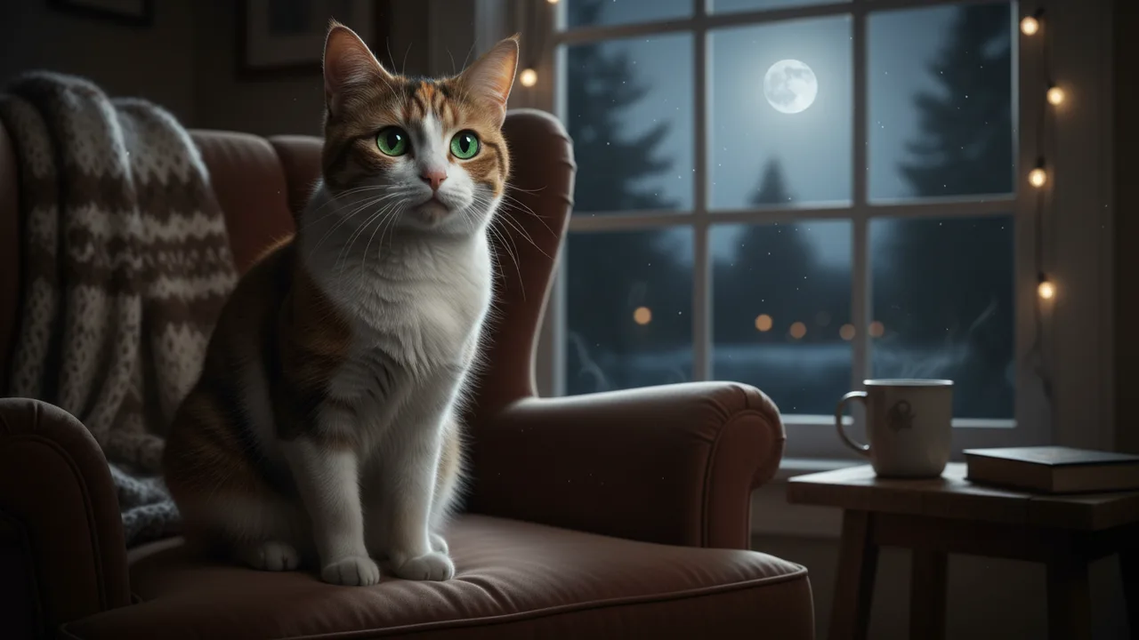 Wache Katze sitzt nachts am dunklen Fenster im Mondlicht