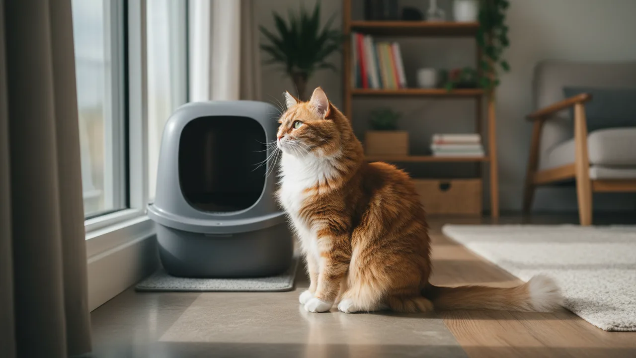 Katze sitzt auf dem Boden neben ihrer Katzentoilette