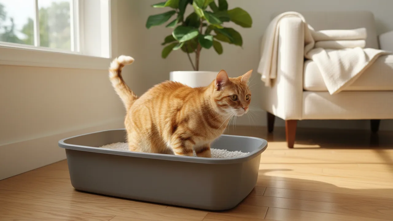 Katze benutzt eine saubere offene Katzentoilette in einer hellen Wohnung