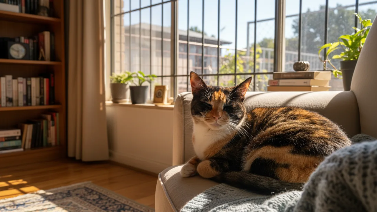 Katze ruht sicher zu Hause neben einem gesicherten Fenster