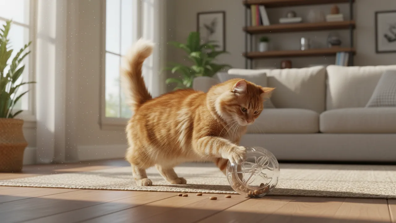 Katze spielt mit einem Snackball zur geistigen Beschäftigung