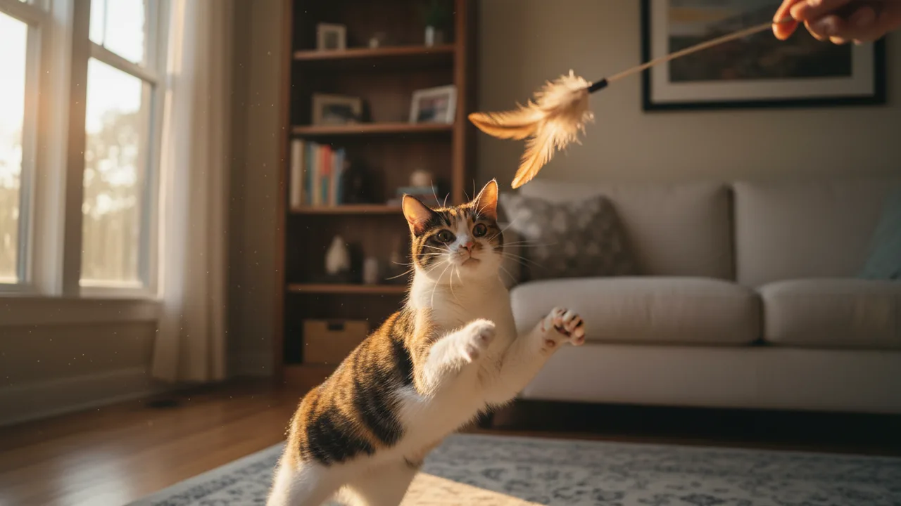 Katze spielt am Abend mit einem Federspielzeug im Wohnzimmer