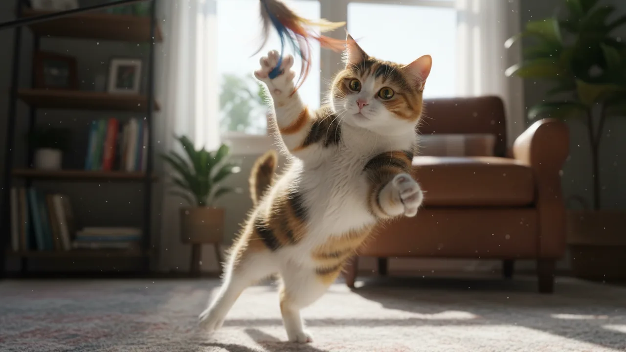 Aktive Katze spielt und springt nach einem Federspielzeug