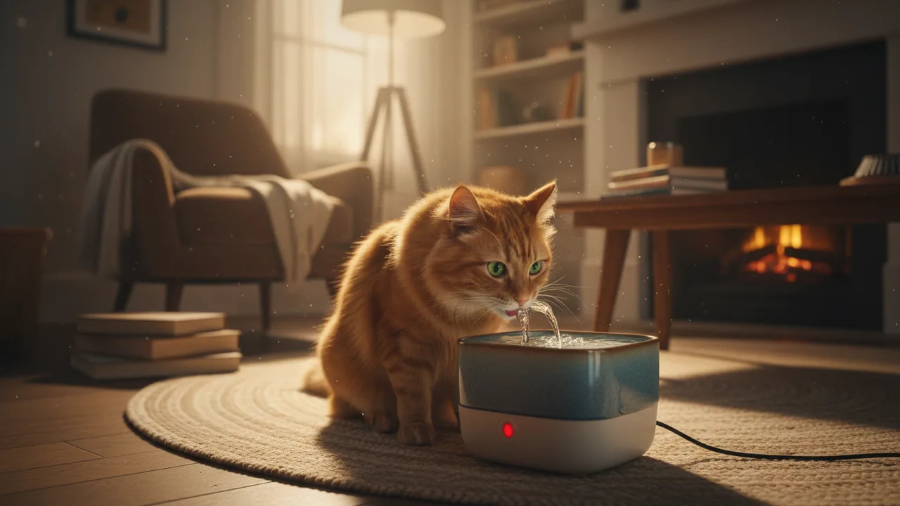 Katze trinkt aus einem elektrischen Trinkbrunnen als Alternative zum Wasserhahn