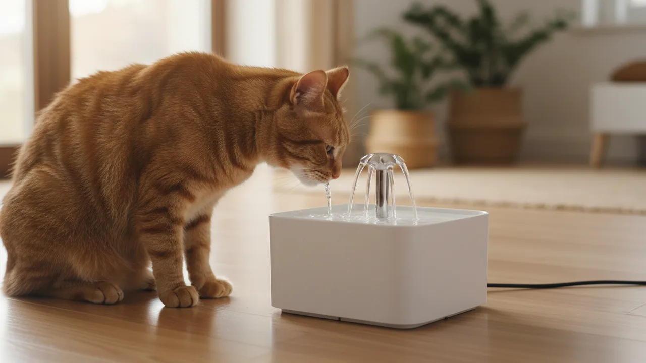 Katze trinkt fließendes Wasser aus einem weißen Trinkbrunnen in der Küche