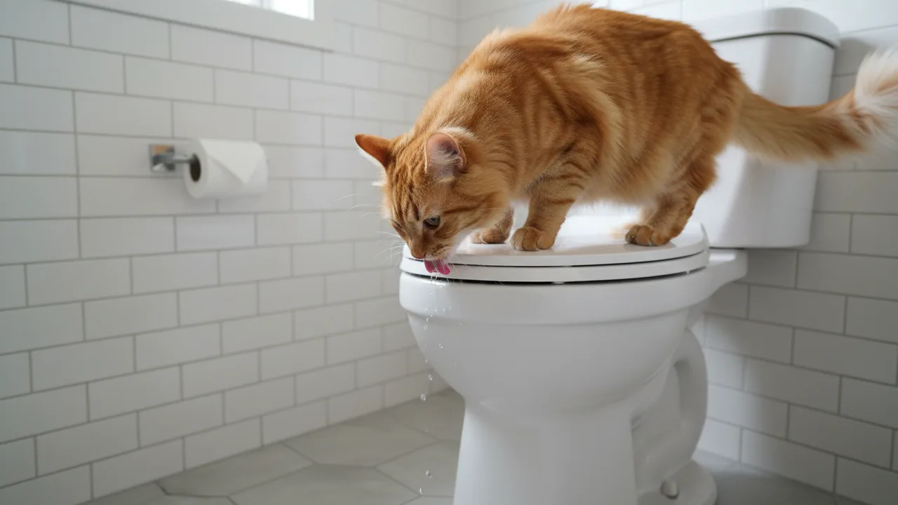 Katze schaut in eine Toilettenschüssel und trinkt daraus