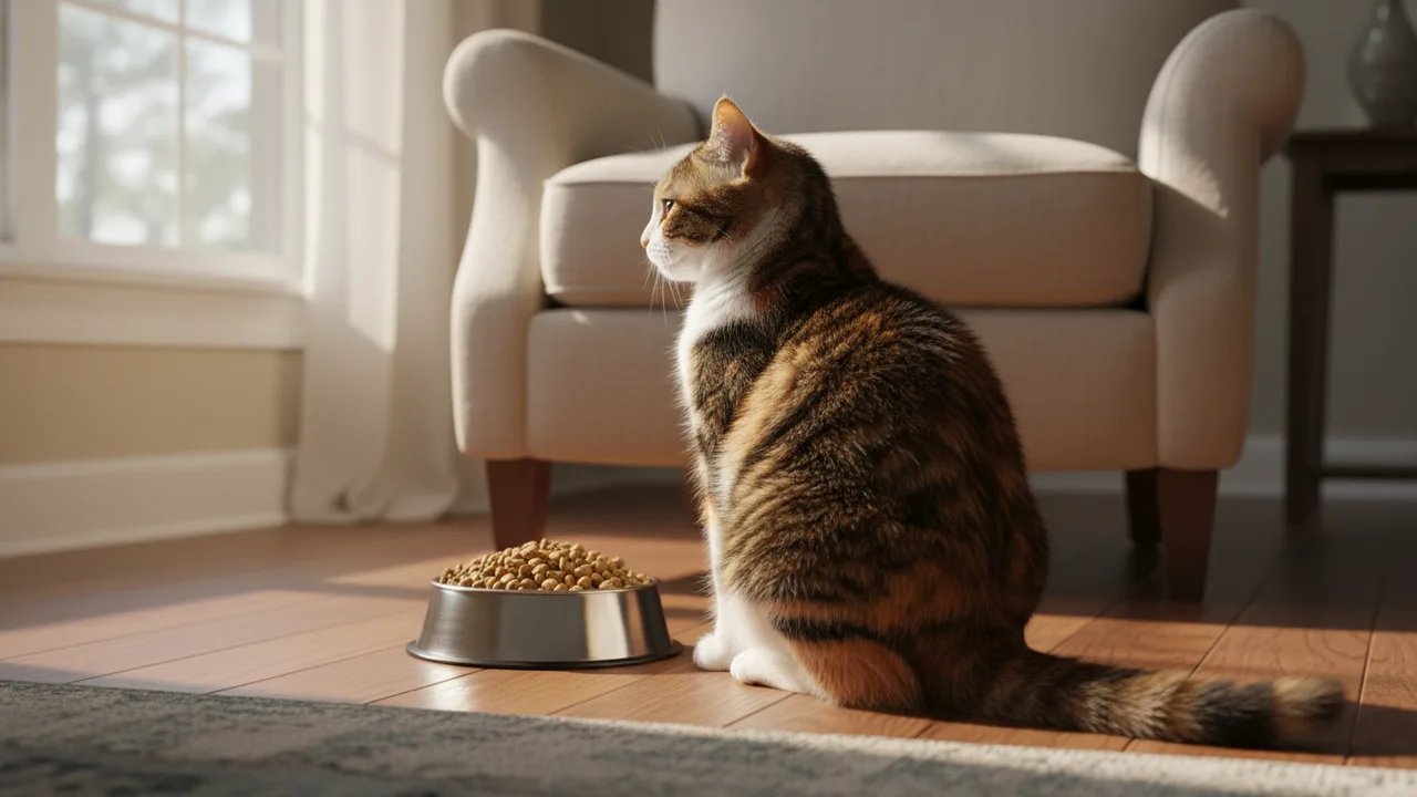 Katze sitzt neben einem vollen Futternapf und wendet sich ab
