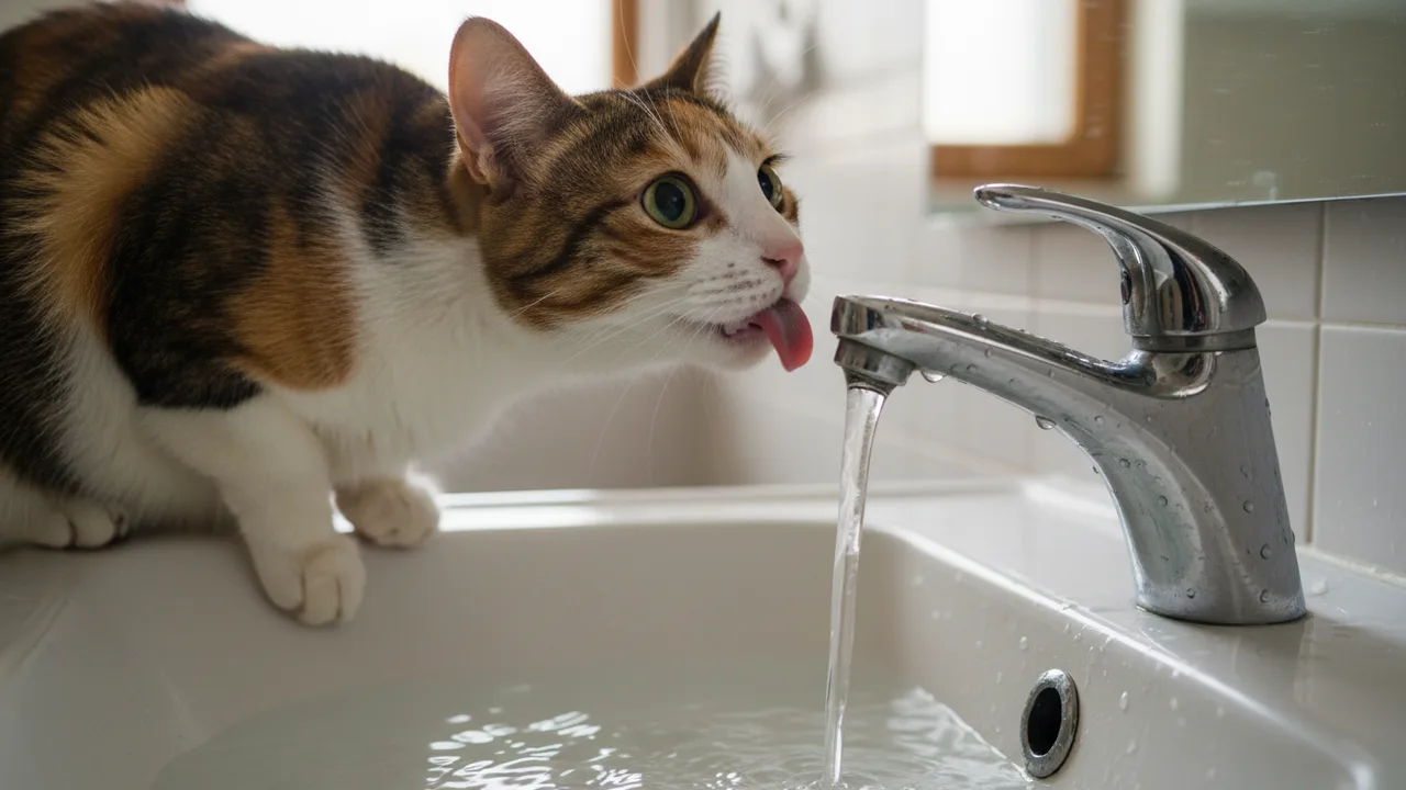 Katze sitzt am Waschbecken und trinkt aus dem laufenden Wasserhahn