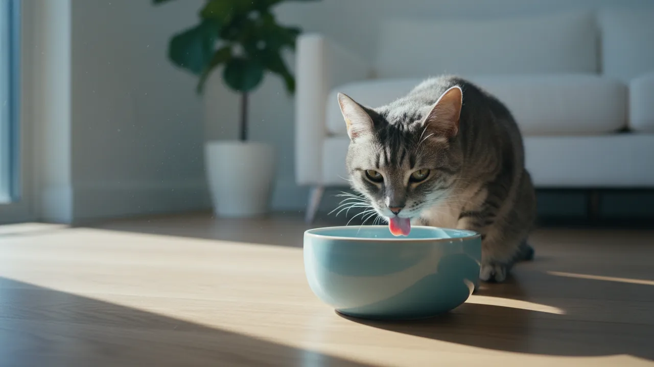 Graue Katze trinkt Wasser aus einem flachen Keramiknapf auf dem Boden
