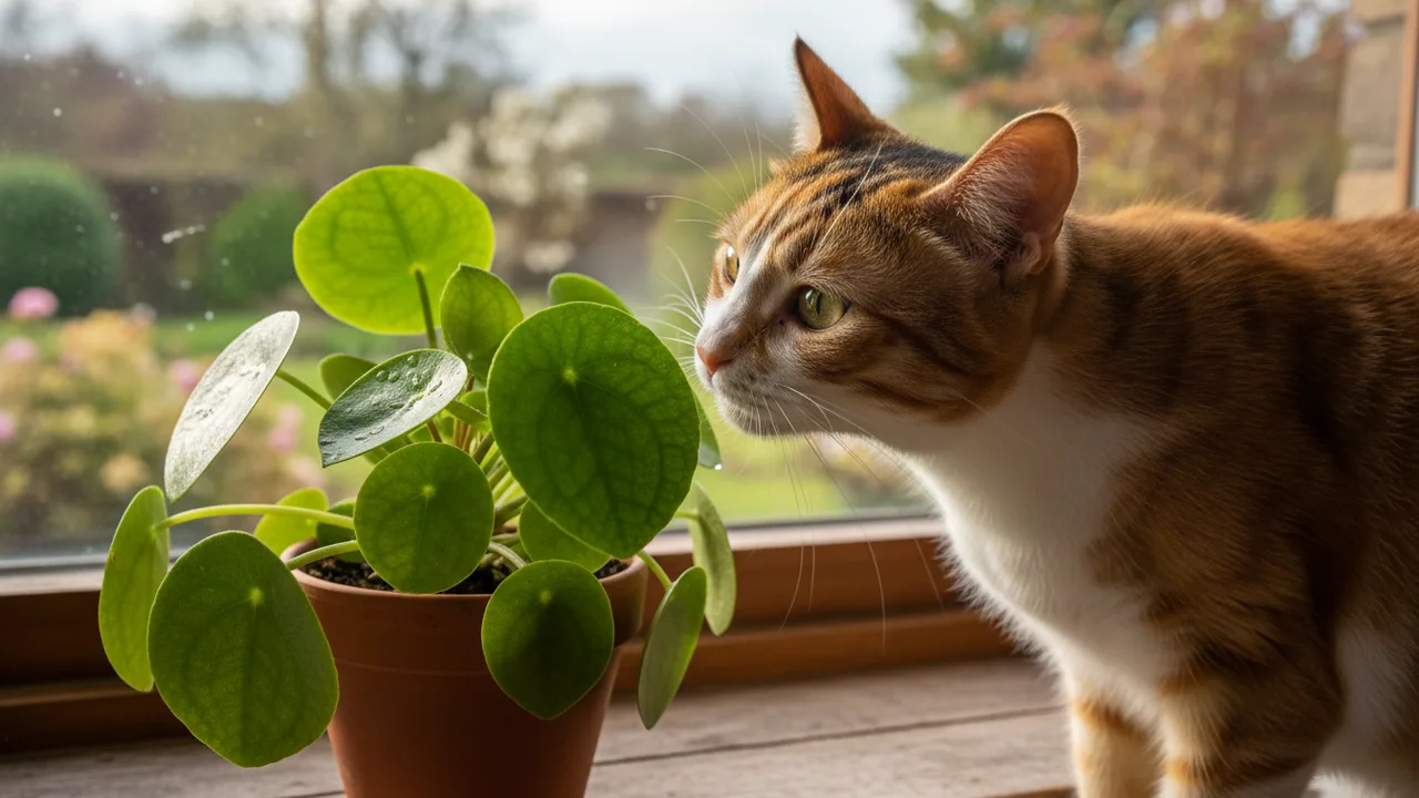 Neugierige Katze schnuppert an einer Zimmerpflanze auf der Fensterbank