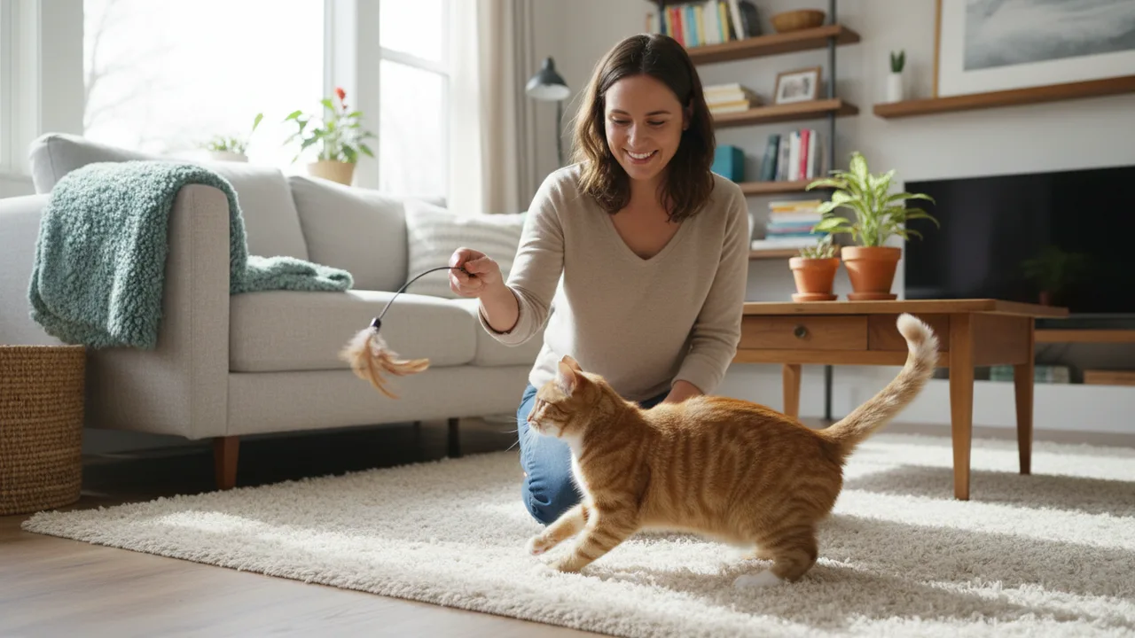 Person regt eine Katze mit einer Spielangel zum Spielen an