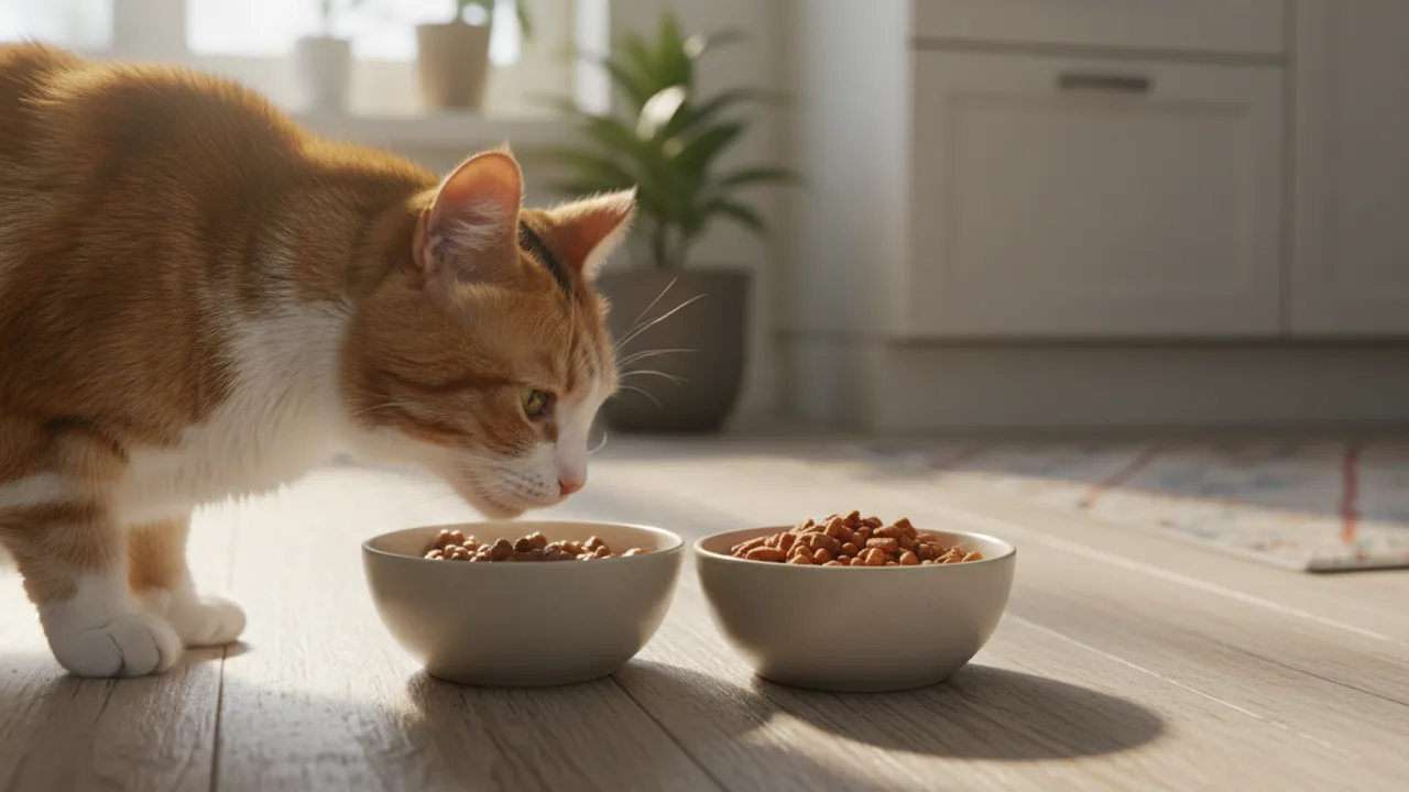 Katze schnuppert an zwei Futternäpfen mit altem und neuem Futter