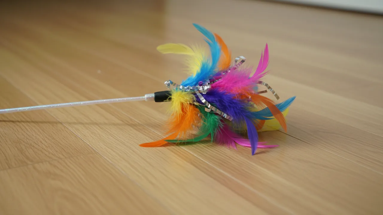 Bunte Federangel als Katzenspielzeug auf dem Boden