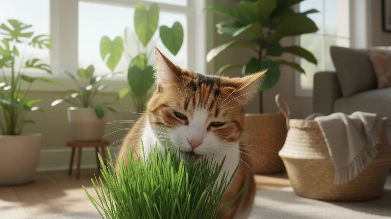 Katze knabbert an frischem grünem Katzengras als sichere Alternative