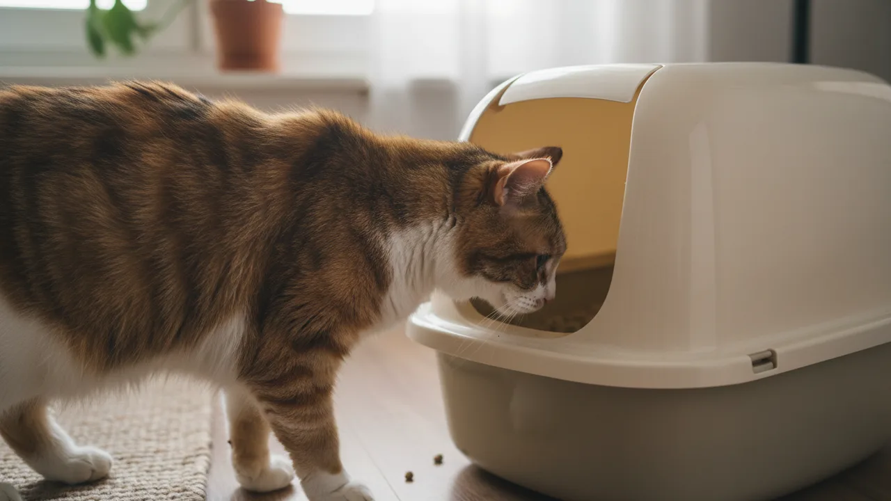 Katze betritt eine geschlossene Haubentoilette