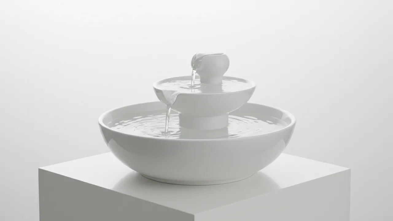 Nahaufnahme eines modernen weißen Keramik-Trinkbrunnens mit fließendem Wasser