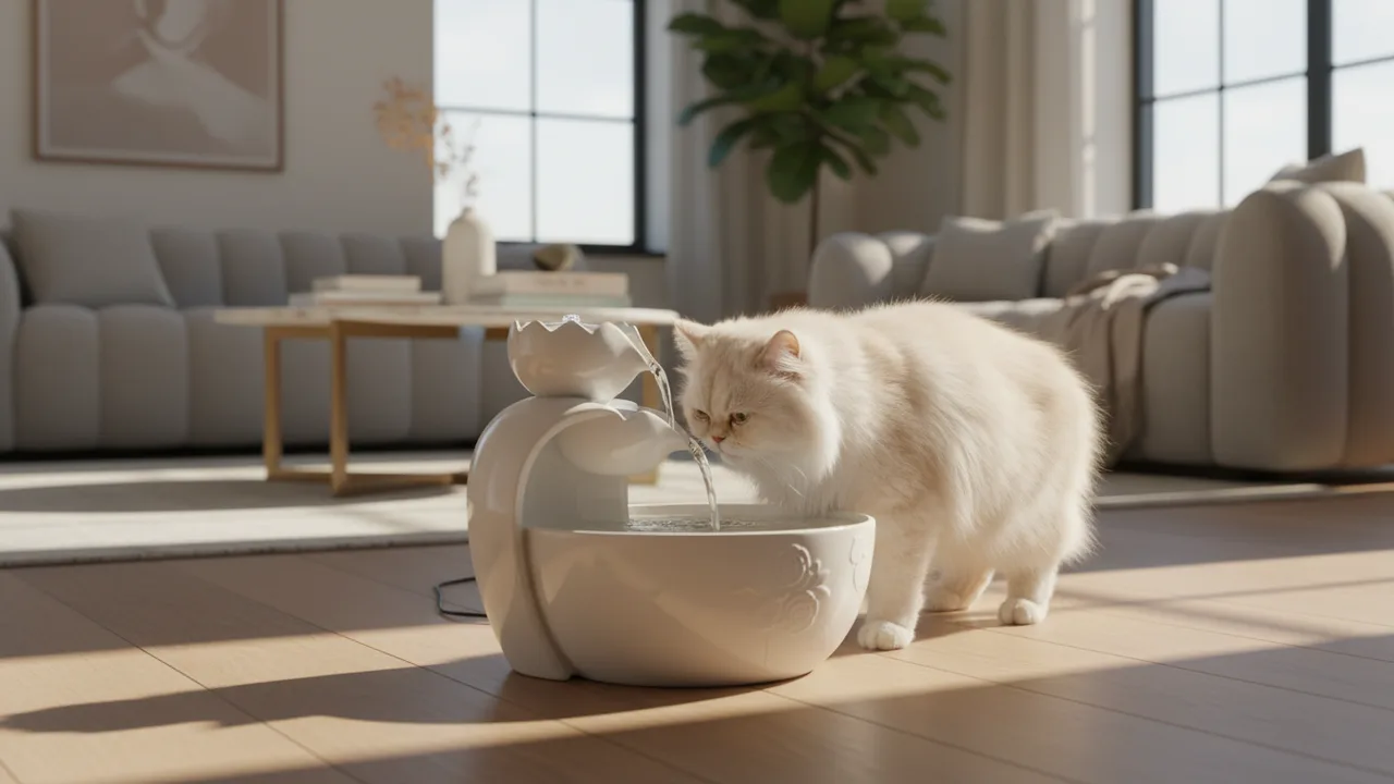 Flauschige Katze trinkt aus einem eleganten weißen Keramik-Trinkbrunnen
